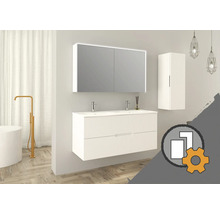 Ensemble de meubles de salle de bain moderne avec double vasque, armoire à glace, colonne et robinetterie au design clair et structuré.