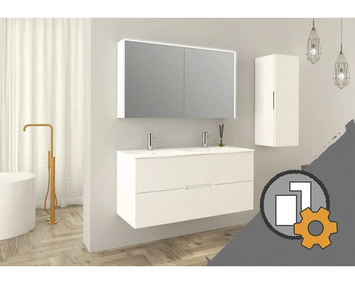 Ensemble de meubles de salle de bain moderne avec double vasque, armoire à glace, colonne et robinetterie au design clair et structuré.