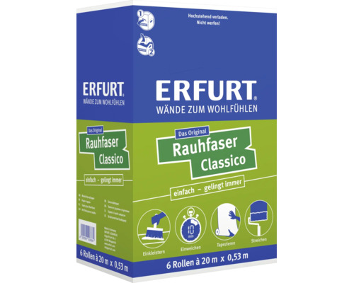 Erfurt Rauhfaser Classico Tapete 6 Rollen, 20 Meter mal 0,53 Meter, mit Anleitung zum Einkleistern, Einweichen, Tapezieren und Streichen.