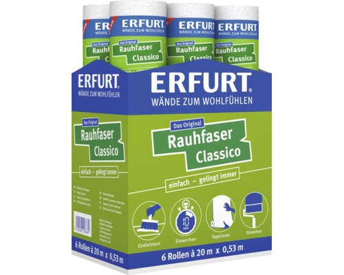Erfurt Rauhfaser Classico Tapete in einem Karton mit 6 Rollen zu je 20 Metern Länge und 0,53 Metern Breite.
