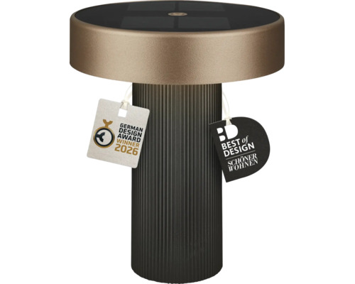 Lampe extérieure moderne avec panneau solaire et socle nervuré incluant les prix German Design Award Winner 2026 et Best of Design