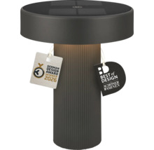 Moderne LED Solar Tischleuchte mit geripptem Fuß und Solarpanel auf der Oberseite, inklusive German Design Award 2026 Auszeichnung.