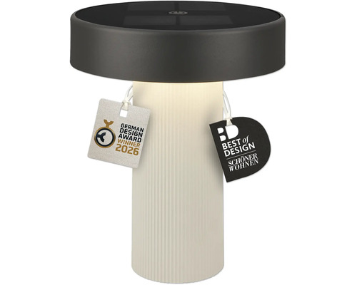 Moderne LED Solar Tischleuchte mit geripptem Fuß und Auszeichnungen wie German Design Award Winner 2026 und Best of Design Schöner Wohnen