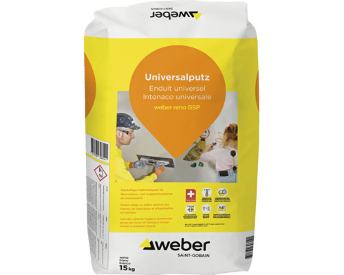 Weber Universalputz reno GSP Sack 15 Kilogramm gipshaltiger Haftleichtputz für Innenwände für Renovierungs und Ausgleichsarbeiten