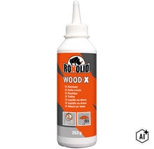 Colle à bois Roxolid Wood-X en flacon de 263 grammes avec embout applicateur, résistante à l'eau selon la norme D3, temps de prise 5 minutes. (Image AI modified or generated)