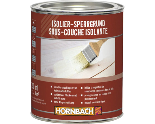 Dose Hornbach Isolier Sperrgrund als absperrende Grundierung für Holz um Flecken und Gelbfärbung zu verhindern.
