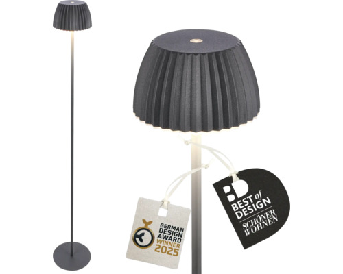 Lampadaire moderne avec abat-jour plissé et pied élancé incluant les prix German Design Award Winner 2025 et Best of Design.