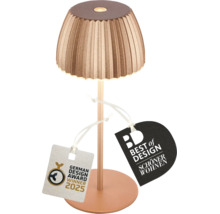 Moderne Akkuleuchte mit plissiertem Lampenschirm und Auszeichnungen als German Design Award Winner 2025 und Best of Design Schöner Wohnen.