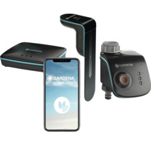 Kit Gardena smart system incluant programmateur d arrosage, capteur et passerelle pour un arrosage automatique via application smartphone.