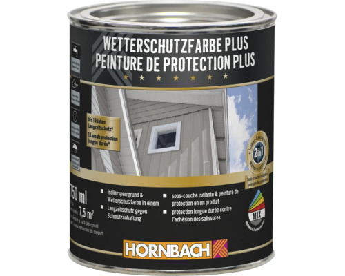Dose Hornbach Wetterschutzfarbe Plus 750 Milliliter für den Außenbereich mit Langzeitschutz und integriertem Isoliersperrgrund.