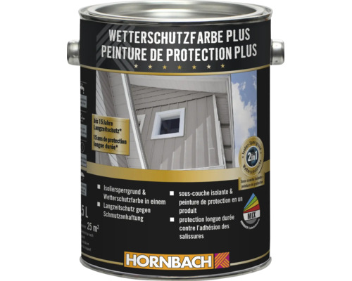HORNBACH Wetterschutzfarbe Plus 5 Liter Dose für den Außenbereich mit Isoliersperrgrund und 15 Jahren Langzeitschutz.