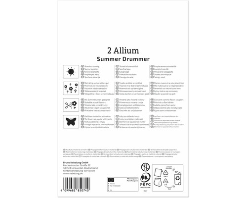 Verpackungsrückseite für Allium Summer Drummer Zwiebeln mit Pflanzhinweisen, Symbolen für Standort und Pflege sowie Entsorgungshinweisen.