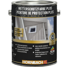 Dose Wetterschutzfarbe Plus mit Isoliersperrgrund fuer 25 Quadratmeter, 2 in 1 Wetterschutzfarbe fuer den Aussenbereich, Hornbach Logo.