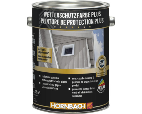 Pot de peinture de protection Plus pour traitement du bois avec primaire isolant pour jusqu'à 15 ans de protection, logo Hornbach inclus.