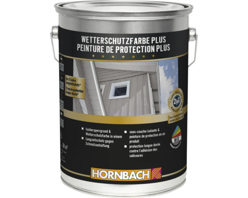 Ein Farbeimer Wetterschutzfarbe Plus von Hornbach für den Holzschutz im Außenbereich mit Langzeitschutz und Isoliergrundierung.