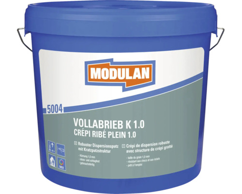 Modulan Vollabrieb K 1.0 Dispersionsputz im Eimer für stoßfeste Kratzputzstrukturen mit 1,0 Millimeter Körnung.