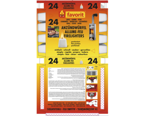 Allume-feu Favorit 24 pièces pour barbecue, cheminée et four, idéal pour allumer le feu facilement, rapidement et proprement.