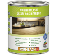 Dose mit Wohnraumlasur für Holzoberflächen mit Hornbach Logo sowie Blauer Engel und Farbmischcenter Zeichen.