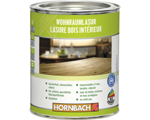 Dose mit Wohnraumlasur für Holzoberflächen mit Hornbach Logo sowie Blauer Engel und Farbmischcenter Zeichen.