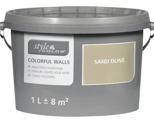 Eimer StyleColor Colorful Walls Wandfarbe im Farbton Sand Dune, 1 Liter für circa 8 Quadratmeter.