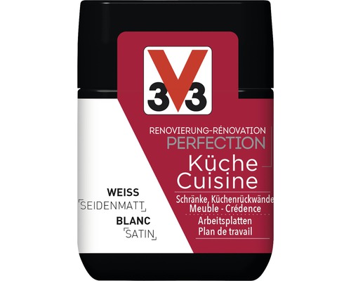 V33 Peinture cuisine blanc satiné pour armoires et plans de travail