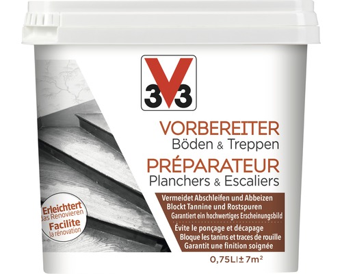Préparateur pour sols et escaliers V33 incolore 750 ml V33 Préparateur sols et escaliers dans un récipient blanc