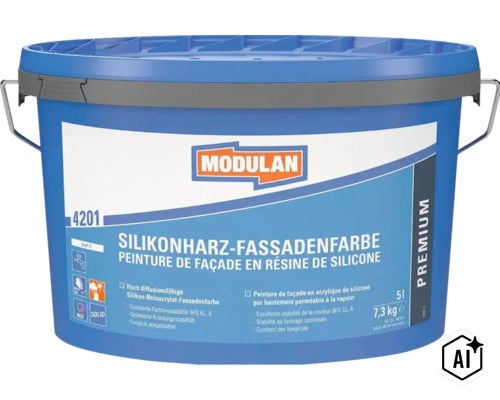 Modulan Silikonharz Fassadenfarbe 4201 im Eimer, 5 Liter Inhalt für Fassadenanstriche. (Image AI modified or generated)