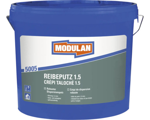 Modulan Reibeputz 1.5 in einem Eimer, ein robuster Dispersionsputz mit 1,5 Millimeter Körnung, gebrauchsfertig, stoß- und schlagfest.