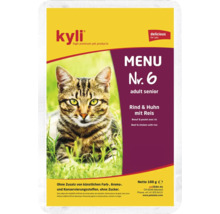 Aliment pour chat Kyli Menu numéro 6 boeuf et poulet avec riz nourriture humide pour seniors sachet 100 grammes