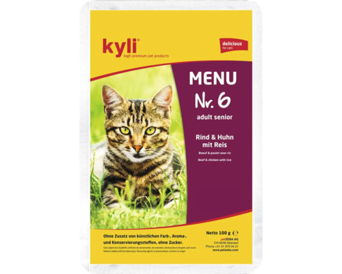 Aliment pour chat Kyli Menu numéro 6 boeuf et poulet avec riz nourriture humide pour seniors sachet 100 grammes