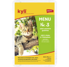 Kyli Menu Nummer 3 Katzennassfutter adult sensitive getreidefrei mit Huhn und Flohsamen im 100 Gramm Beutel.