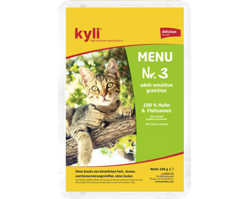 Aliment humide pour chat Kyli Menu numéro 3 pour adultes sensibles sans céréales au poulet et graines de psyllium en sachet de 100 grammes.