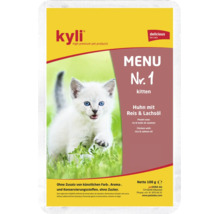 Nourriture pour chat Kyli Menu Numero 1 chaton poulet avec riz et huile de saumon, aliment humide en sachet de 100 grammes sans additifs.