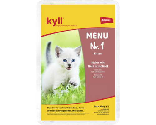 Nourriture pour chat Kyli Menu Numero 1 chaton poulet avec riz et huile de saumon, aliment humide en sachet de 100 grammes sans additifs.