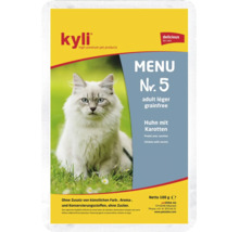 Nourriture pour chats Kyli Menu numéro 5 poulet aux carottes pour chats adultes, sans céréales, sachet de 100 grammes.