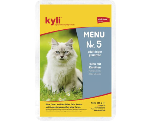 Nourriture pour chats Kyli Menu numéro 5 poulet aux carottes pour chats adultes, sans céréales, sachet de 100 grammes.