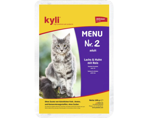 Nourriture pour chats Kyli Menu numéro 2 saumon et poulet avec riz nourriture humide 100 grammes