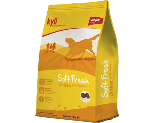 Kyli Soft Fresh Chicken Adult Medium Hundefutter in einem 4,5 Kilogramm Beutel mit frischem Fleisch und Schweizer Bergkräutern.