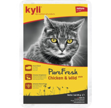 Aliment humide Kyli PureFresh au poulet et gibier pour chats adultes en sachet de 85 grammes avec des ingrédients de qualité comme viande et miel.