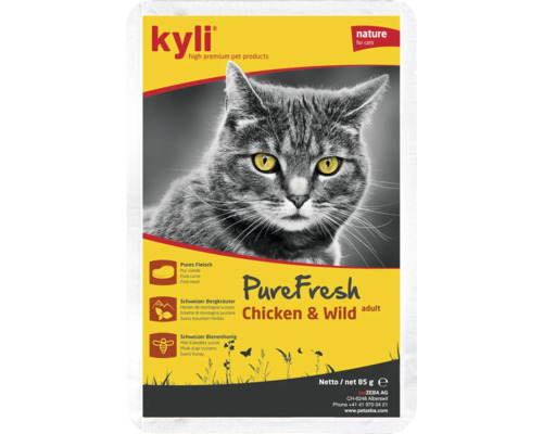 Aliment humide Kyli PureFresh au poulet et gibier pour chats adultes en sachet de 85 grammes avec des ingrédients de qualité comme viande et miel.