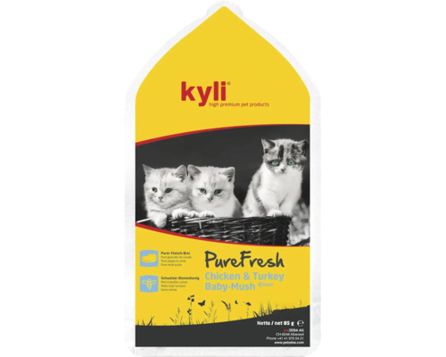 Aliment humide pour chatons Kyli PureFresh au poulet et à la dinde sous forme de purée de viande avec du miel suisse en sachet de 85 grammes.