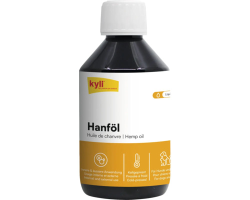 Kyli Hanföl für Hunde, kaltgepresstes Ergänzungsfuttermittel zur inneren und äußeren Anwendung in der Flasche.