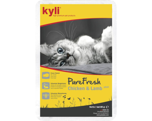 Aliment pour chat Kyli PureFresh au poulet et agneau avec herbes de montagne et miel suisse en sachet de 85 grammes