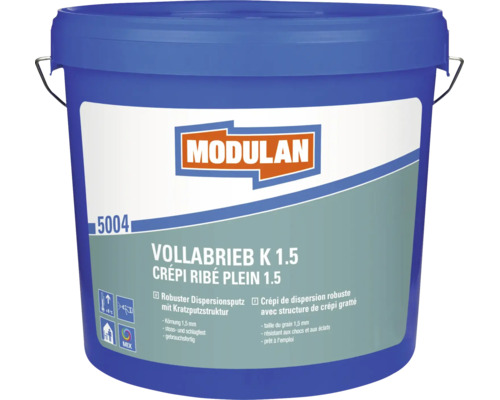 Modulan Vollabrieb K 1.5 Dispersionsputz mit 1.5 Millimeter Körnung im Eimer für Kratzputzstruktur