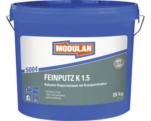 Enduit fin Modulan K 1.5 dispersion seau de 25 kg, enduit gratté robuste pour intérieur et extérieur, granulométrie 1,5 mm.