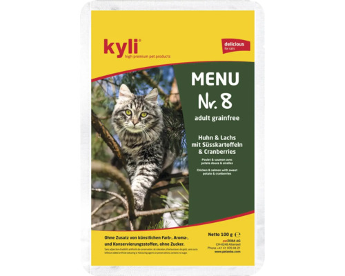 Nourriture pour chats Kyli Menu numéro 8 poulet et saumon avec patate douce et airelles sans céréales 100 grammes