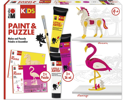 Kit créatif Marabu Kids Paint and Puzzle avec deux puzzles 3D licorne et flamant rose, peintures et pinceau pour enfants dès quatre ans.
