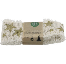 Dekoband aus Naturfasern mit Sternenmuster auf einer Rolle mit Produktinformationen und Herstellerangaben.