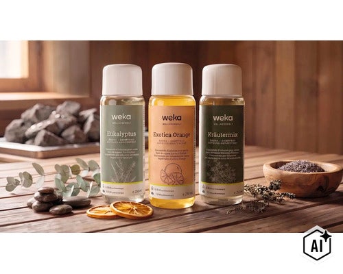 Trois flacons de concentré pour sauna Weka aux parfums Eucalyptus Exotica Orange et mélange d herbes dans un environnement de sauna (Image AI modified or generated)