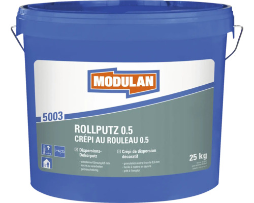 Modulan Rollputz 0.5 im 25 Kilogramm Eimer für den Innenbereich mit einer Körnung von 0,5 Millimetern.